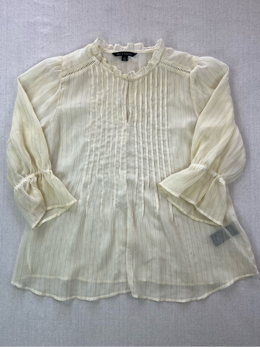 Women's Cream and Gold Striped Feminine Sheer Ruffle High Neck Poet Sleeve - M
